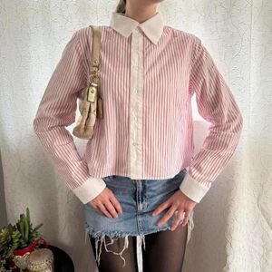 Cotton pink and white striped button up shirt with color blocking NWT Size M
